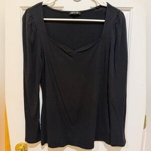 Express Black Ribbed Sweetheart Puff Sleeve Long Sleeve Top